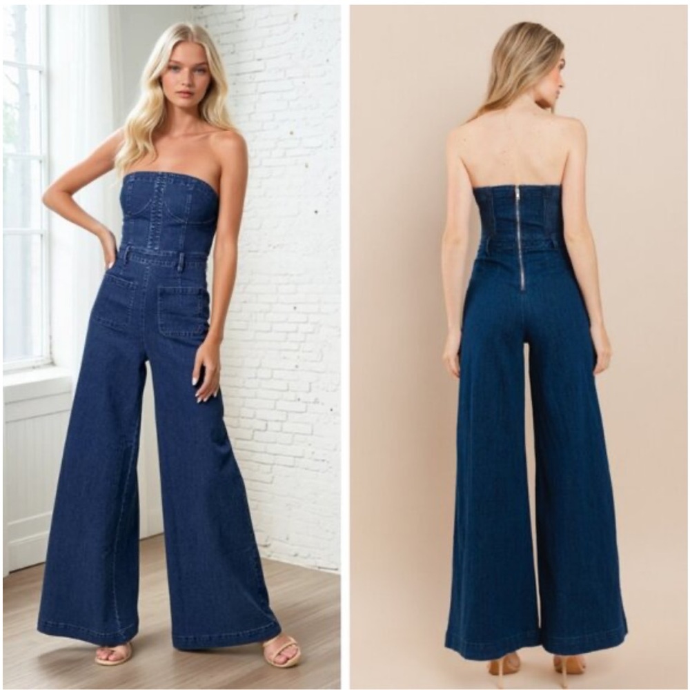 DARK DENIM STRAPLESS WIDE LEG DENIM JUMPSUIT WITH POCKETS🤠- Picture 2 of 8